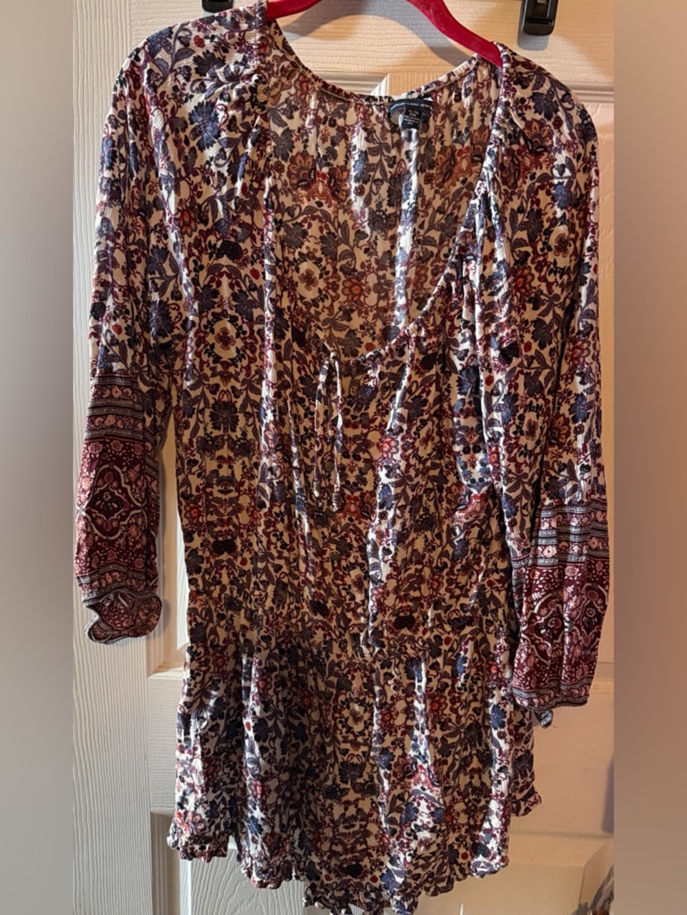 Boho Floral Tie-Front Long Sleeve Dress in Multi-Color